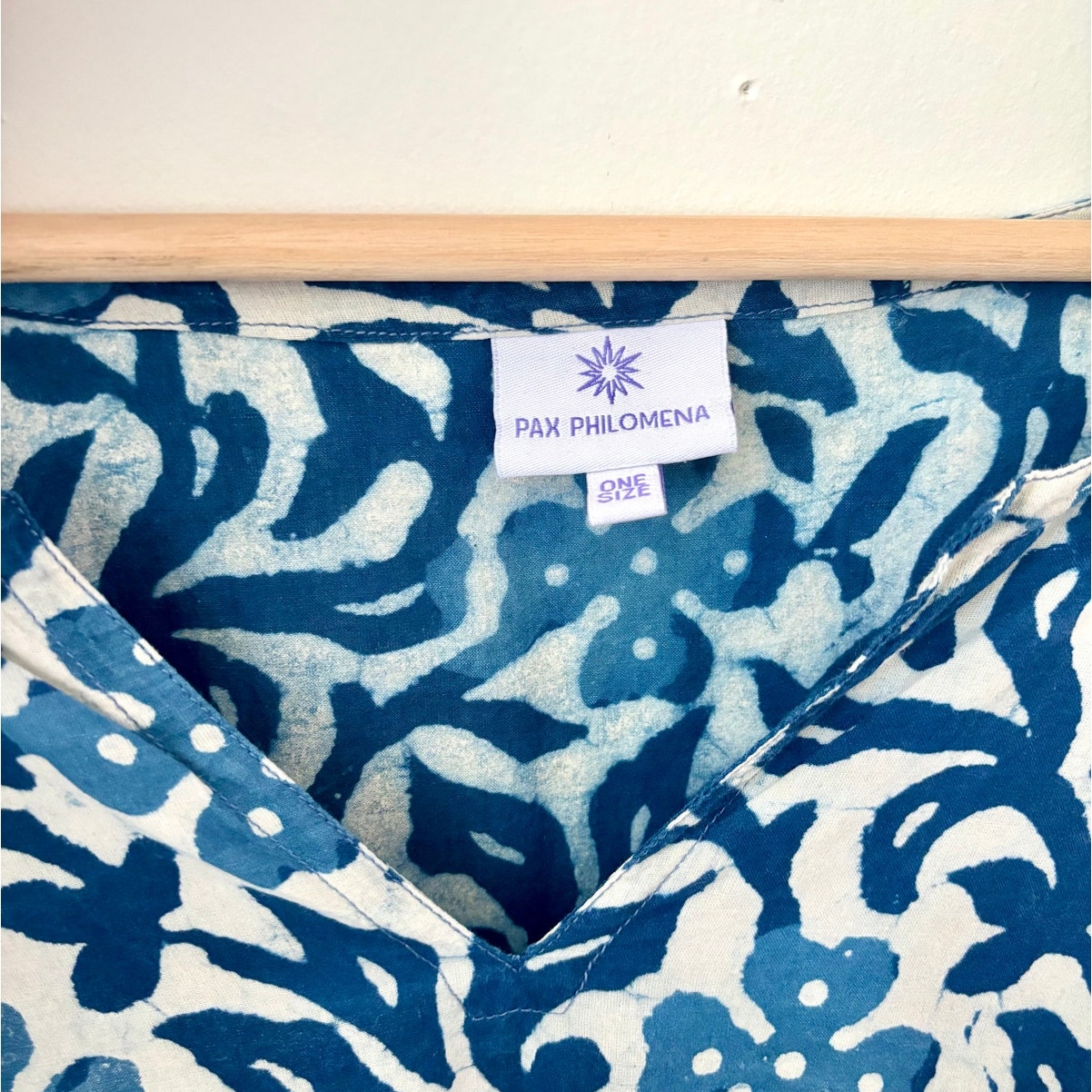 $285 Pax Philomena Indigo Floral Block Printed 100% Cotton Kaftan Boho- One Size — image 7 of 7
